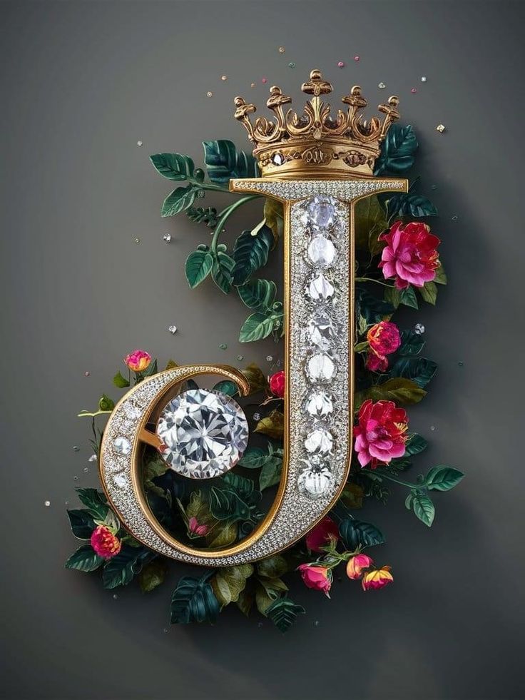 the letter j is surrounded by jewels and flowers