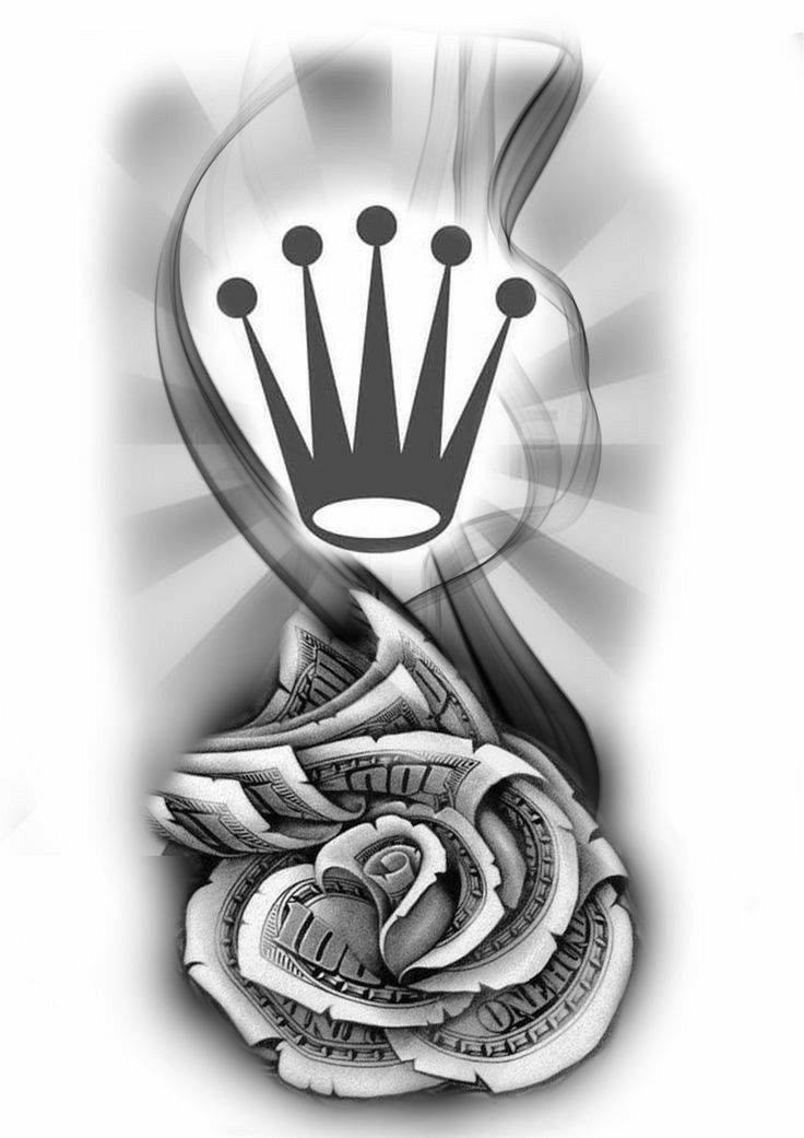 a black and white drawing of a rose with a crown on it