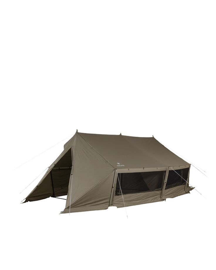 a large tent with the door open on a white background and no people around it