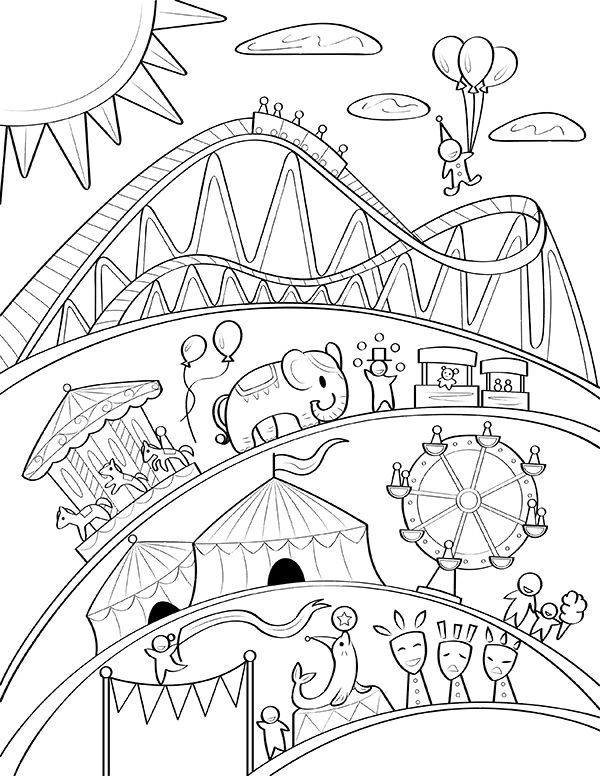 an amusement park coloring page with lots of cartoon characters on the rides and carnival rides