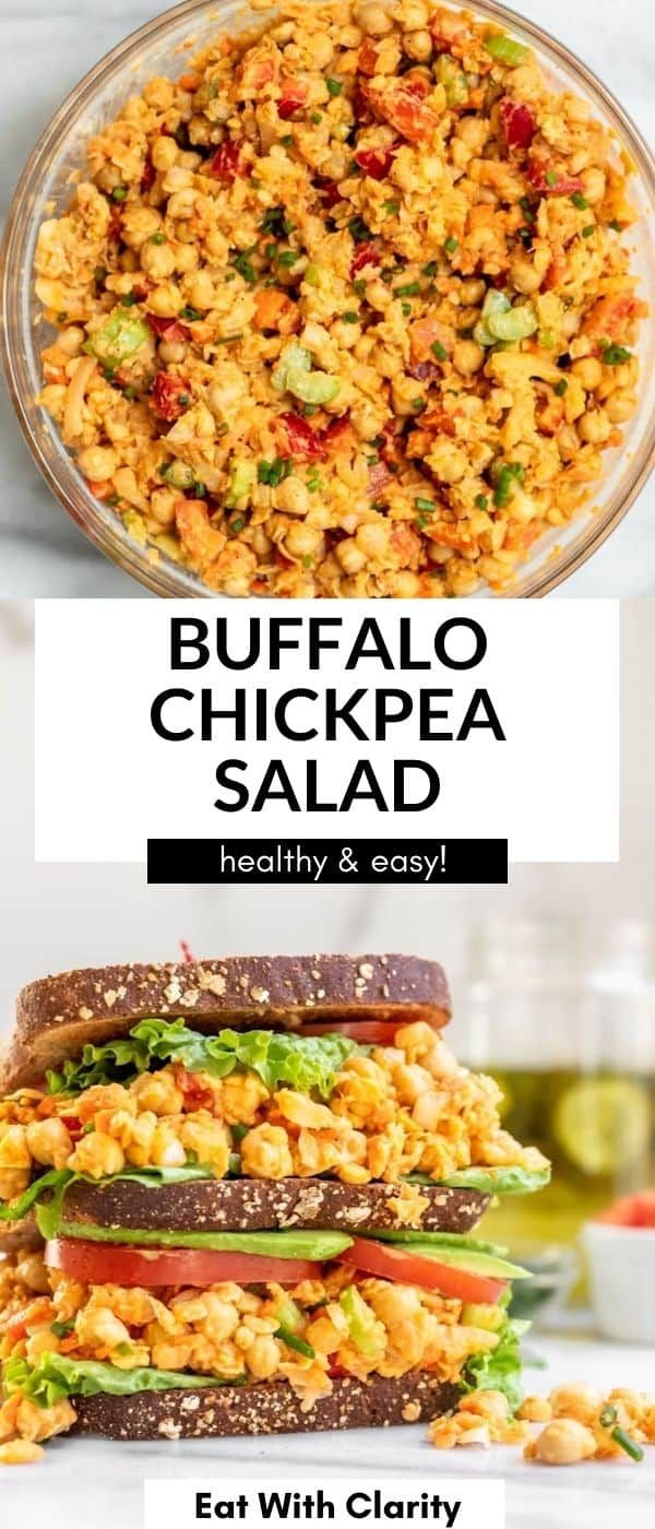 two pictures with the words buffalo chickpea salad on them and an image of a sandwich cut in half