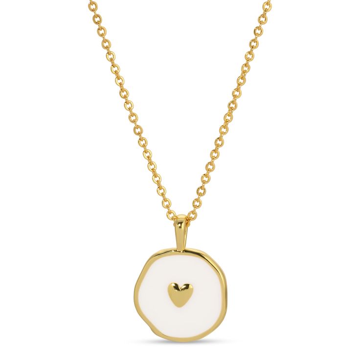 Stunningly crafted, this tiny heart pendant features an enamel background on a brass, plated 18" necklace. .5" Pendant, .75" Drop 18" Necklace 18k Gold Plated Brass Base Enamel Packaging: 'Quick-Display' Folded Hanging tag Enamel Necklaces For Anniversary On Valentine's Day, Valentine's Day Enamel Heart Pendant Necklace, Heart-shaped Gold Enamel Necklace, Gold Heart-shaped Enamel Necklace, Enamel Pendant Charm Necklace With Adjustable Chain, Nickel Free Gold Open Heart Necklace, Gold Open Heart Nickel-free Necklace, Dainty Enamel Necklace As A Gift, Gold Open Heart Necklace Nickel-free