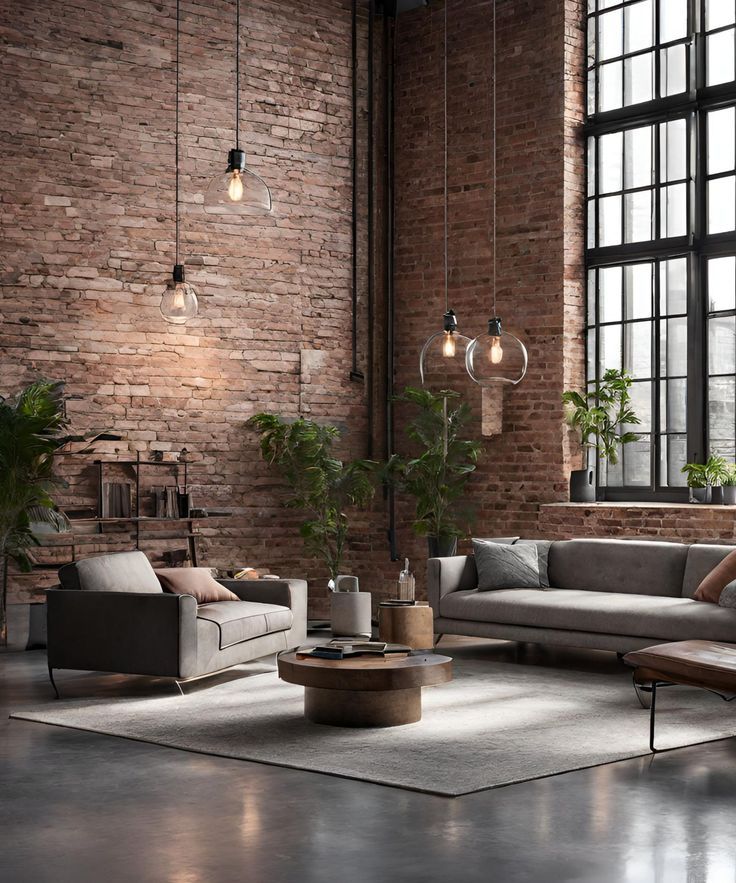 Cozy vintage minimalist industrial room with neutral tones and warm lighting. Brick Tv Wall, Minimalism Room, Vintage Minimalism, Brick Living Room, Modern Rustic Living Room, Cosy Room, Industrial Living, Decorative Plaster, Interior Design Mood Board