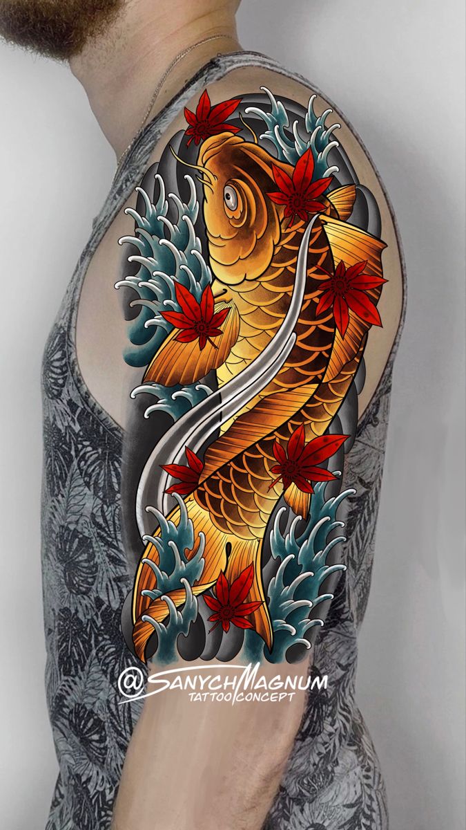 a man with a tattoo on his arm has a koi fish in the water