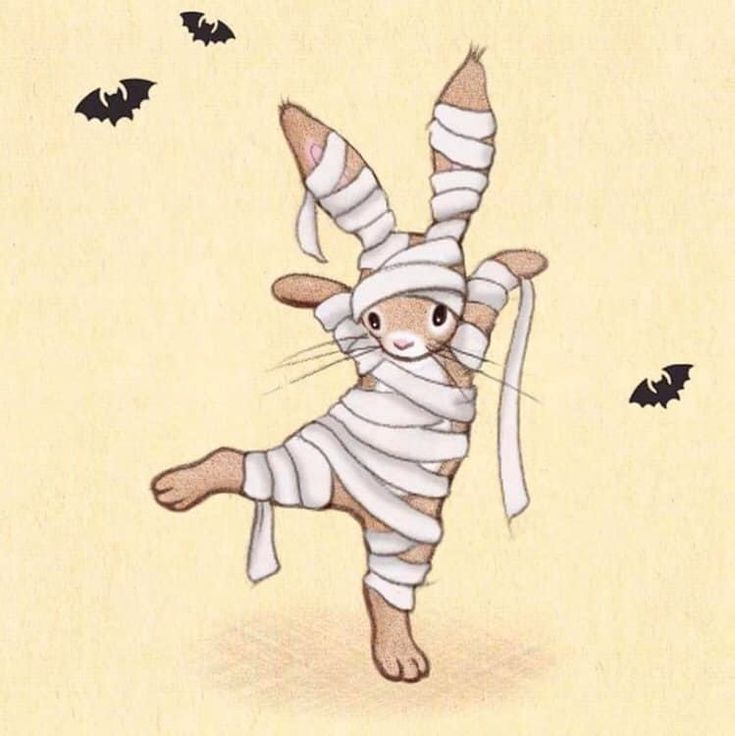 a drawing of a cat wrapped in bandages with bats flying around it and on the ground