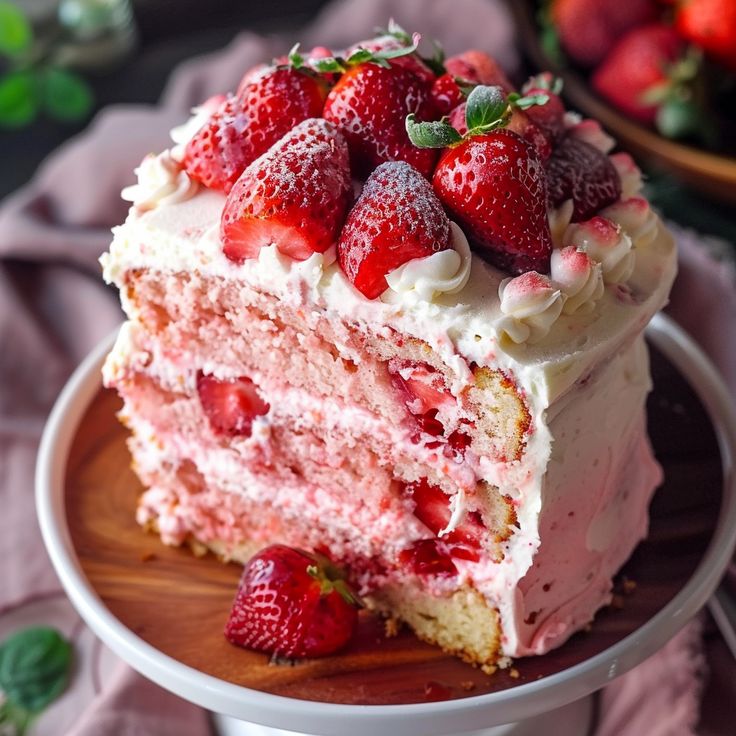 a piece of strawberry cake on a plate with strawberries