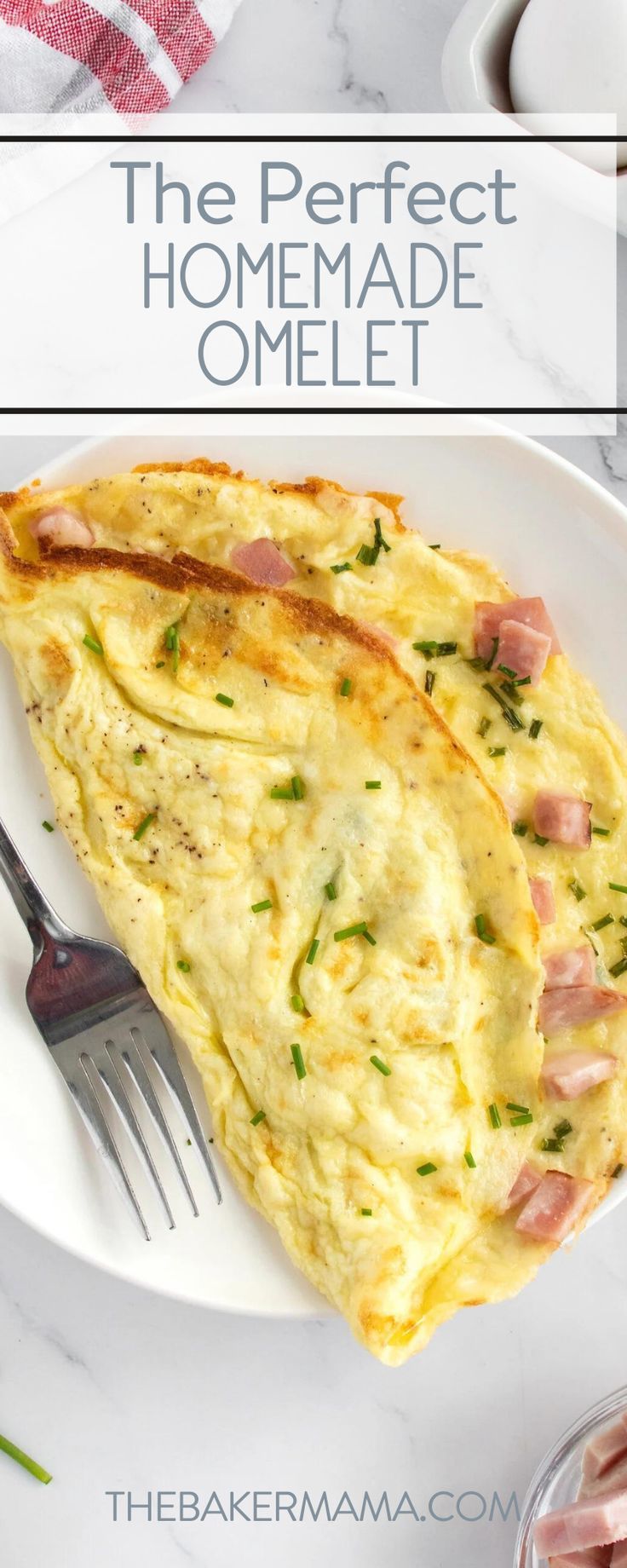 an omelet on a white plate with a fork next to it and the text overlay reads, the perfect homemade omelet