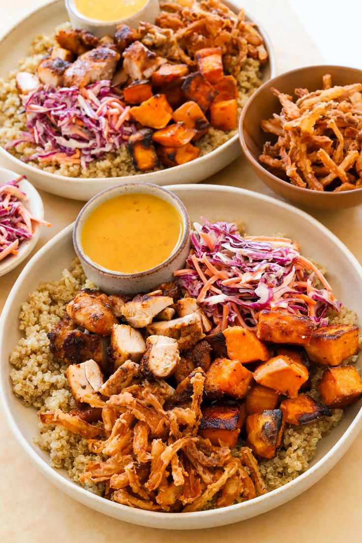 three plates filled with different types of food