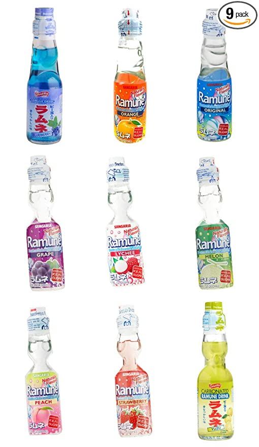 six bottles of various flavored drinks are shown