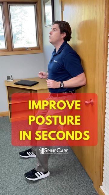 a man leaning against a wall with the words improve posture in seconds