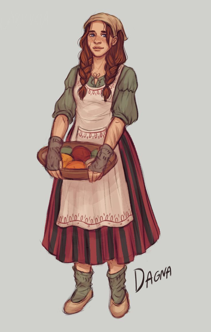 a drawing of a woman in an apron holding a plate with food on it and the words, dagma