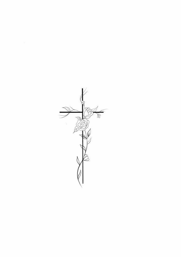 a black and white drawing of a cross with flowers