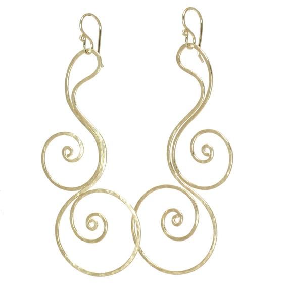 Hammered swirl dangle earrings Nouveau 92 Elegant Spiral Wire Wrapped Hoop Earrings, Elegant Handmade Swirl Earrings, Elegant Gold Hammered Wrap Earrings, Swirl Shaped Sterling Silver Jewelry In Gold Color, Elegant Swirl Ear Wire Earrings, Gold Handmade Swirl Jewelry, Elegant Swirl Ear Wire Jewelry, Elegant Swirl Earrings With Ear Wire, Gold Swirl Handmade Jewelry