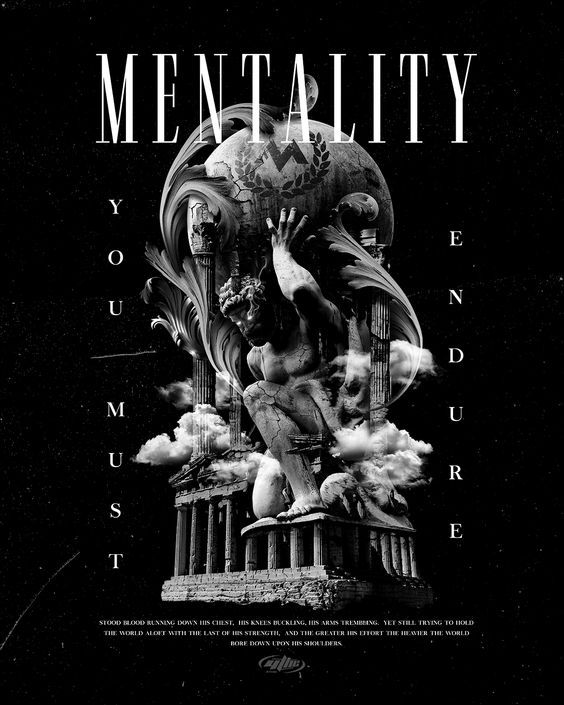 a black and white poster with the words mentality in front of an image of a statue