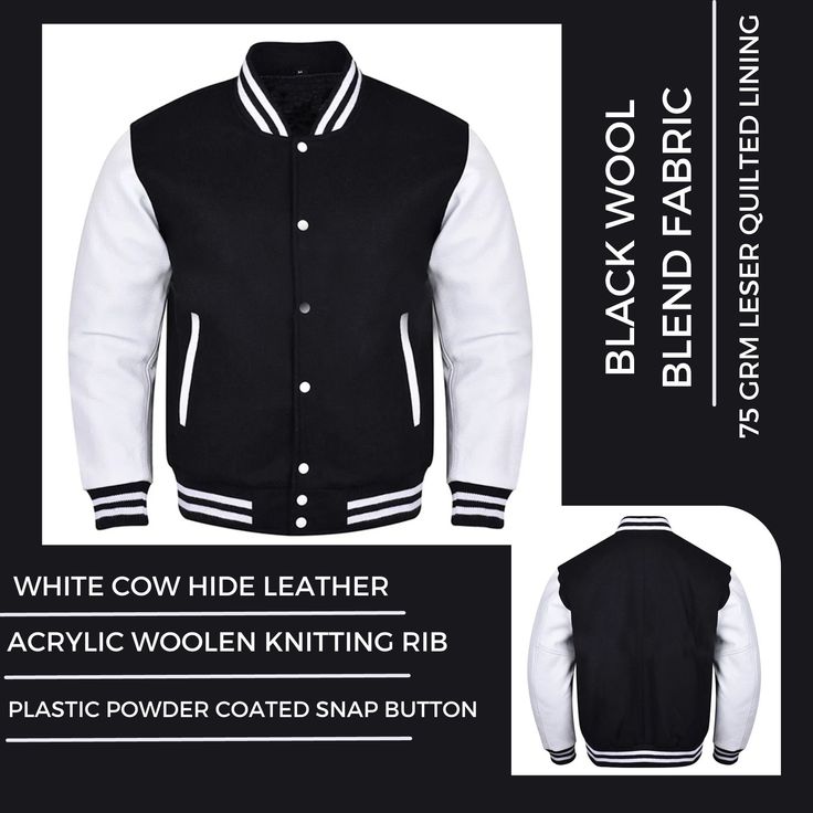 VARSITY JACKET * Premium Quality Wool Blend (80% wool and 20% Acrylic. * 100% High Quality Leather Sleeves.  * Best Quality knitted Cotton Rib for the collar, sleeves and waistband. * 100% Polyester Quilted Lining inside the Jacket * Two Outside Slice Pockets and 3 inside pockets including 1 mobile pockets * All range of wool colors * All range of leather colors * All Range of Sleeves Colors * All possibilities of trimming colors combinations * All possible Colors of Buttons & Snaps If your required Size & Color Combination is not listed then please contact with us We will respond you as soon as possible the estimated time is 12 Hours, All Sizes & Color Combinations are Available. Customize Order / Made-to-Measure: We have out-classed manufacturing team and they take pride to manufacture m White Varsity Jacket With Button Closure, Black Varsity Jacket For College With Button Closure, Black Varsity Jacket With Button Closure For College, White Cotton Varsity Jacket With Button Closure, Winter Cotton Blazer For Streetwear, Winter White Varsity Jacket With Ribbed Cuffs, Tailored Wool Varsity Jacket For Fall, Black Long Sleeve Varsity Jacket For Winter, Black Wool Varsity Jacket With Long Sleeves