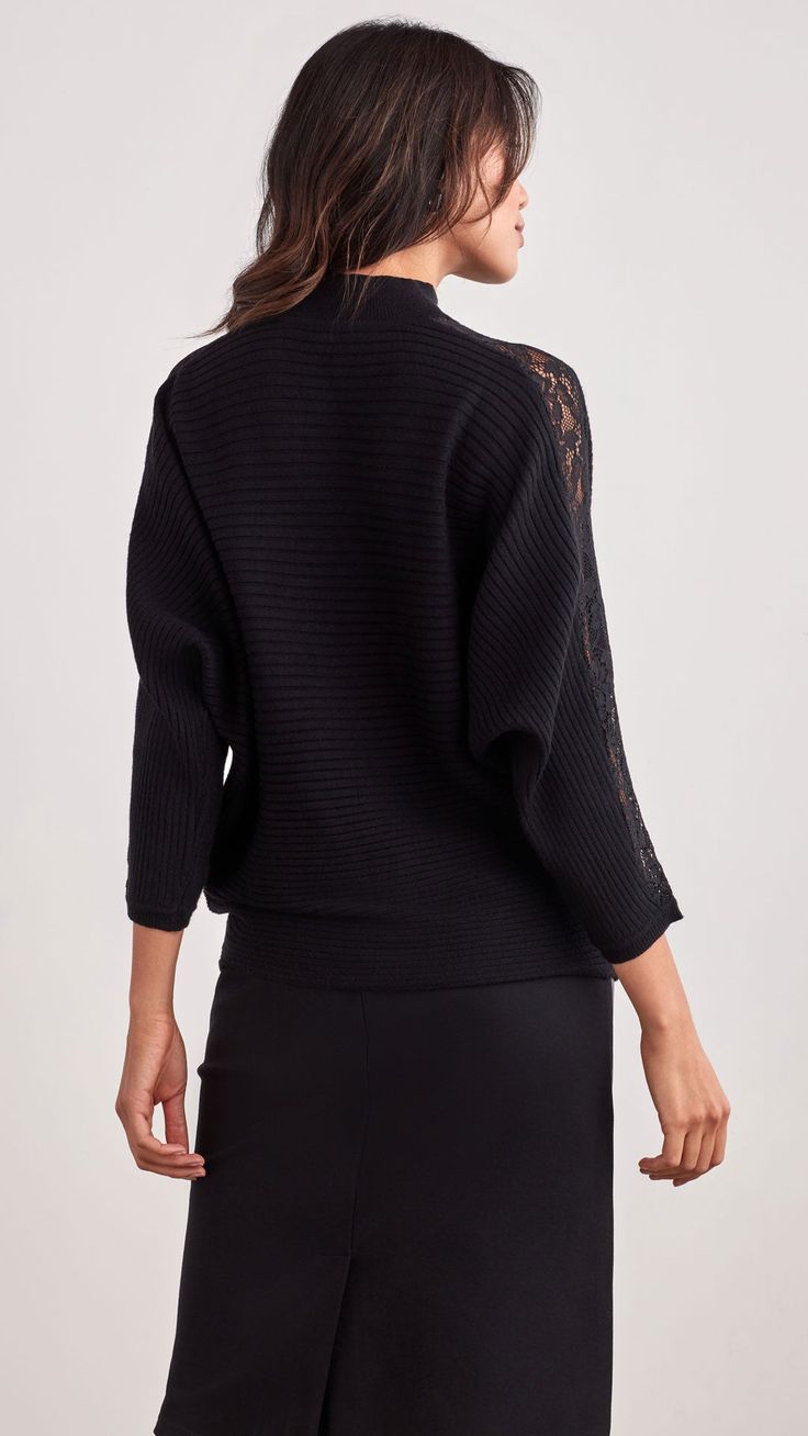 This perfectly feminine Lace Trim Ottoman Sweater is equal parts alluring and elegant, with classic ribbed sweater styling and delicate lace sleeve details. Lace Sleeve Details 3/4 Sleeve Mock Neck Sweater Styling, Ellen Tracy, Ribbed Sweater, Sleeve Detail, Lace Sleeves, Sweater Fashion, Black Sweaters, Mock Neck, Fabric Care