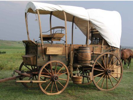 an old horse drawn carriage in the middle of a field