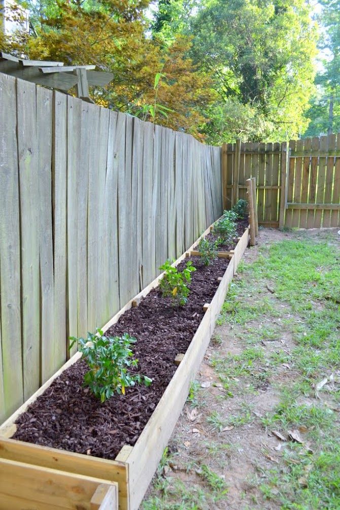 a wooden garden bed filled with plants next to a fence