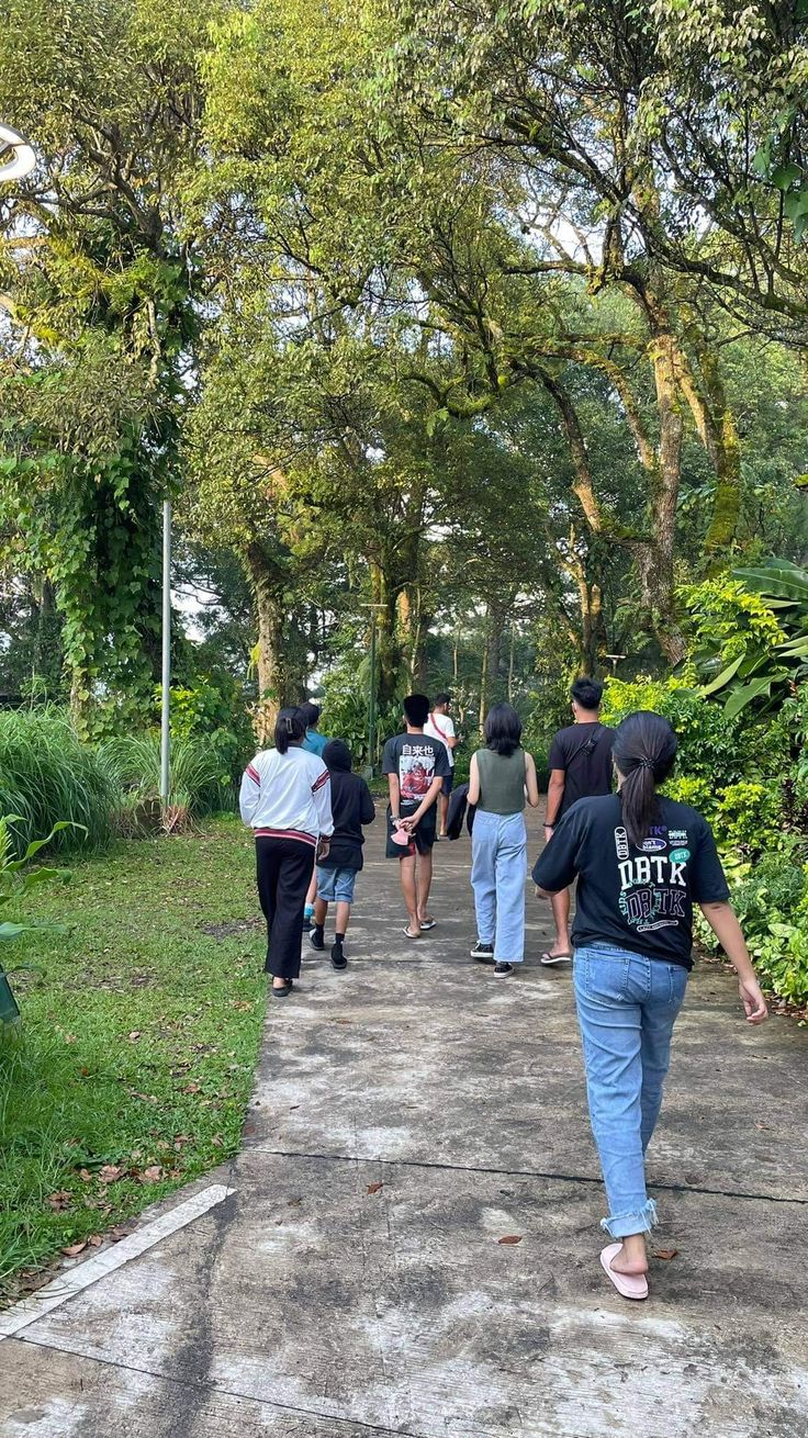 several people walking down a path in the park