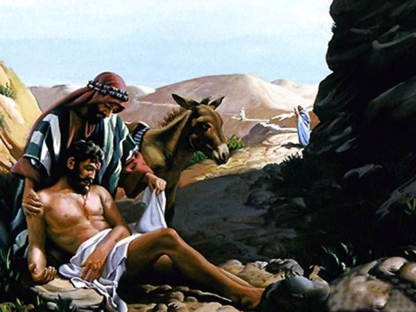 a painting of jesus sitting on the ground next to a donkey and another man standing over him