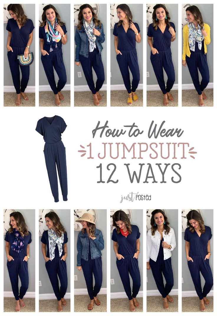 How to wear and style 1 jumpsuit 12 different ways! This jumpsuit is a favorite of mine and it is so easy to dress up or down. I purchased the black last summer and loved it so much that I wanted to get the navy for this year! So comfortable and the perfect item for a capsule wardrobe. How To Wear A Jumpsuit, Black Jumpsuit Outfit, Jumpsuit Outfit Casual, Vinyl Pants, Wardrobe Fashion, Mode Tips, Navy Jumpsuit, Jumpsuit Outfit, Fashion Capsule