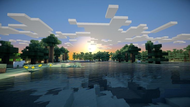 the sun is setting over some water in this minecraft video game scene with trees and bushes