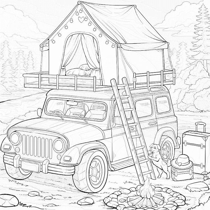 a coloring page with a jeep parked in front of a tent and ladder to the side