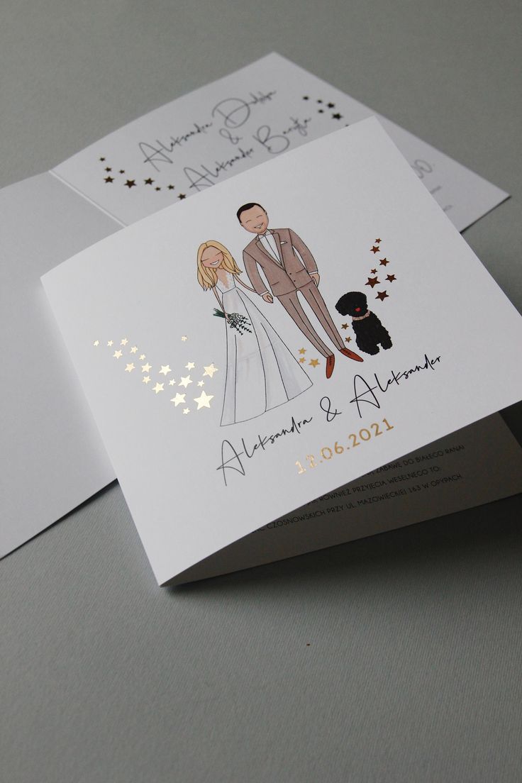 two wedding cards on top of each other, with a dog in the back ground