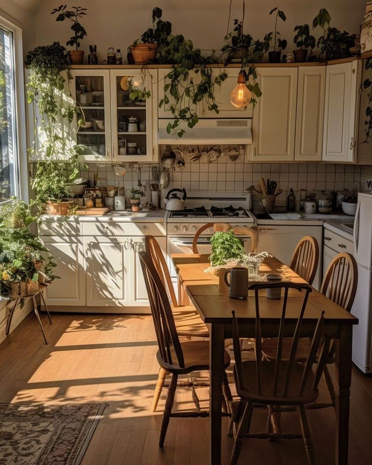 a kitchen filled with lots of wooden furniture and potted plants on top of the cabinets