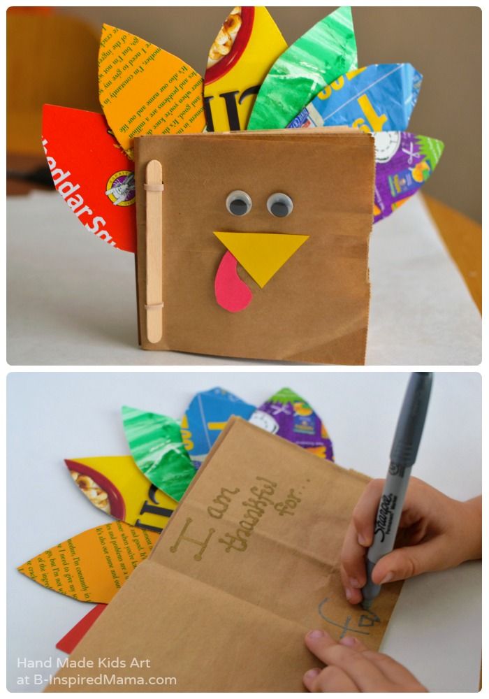 a paper bag with a turkey made out of it and a hand holding a marker