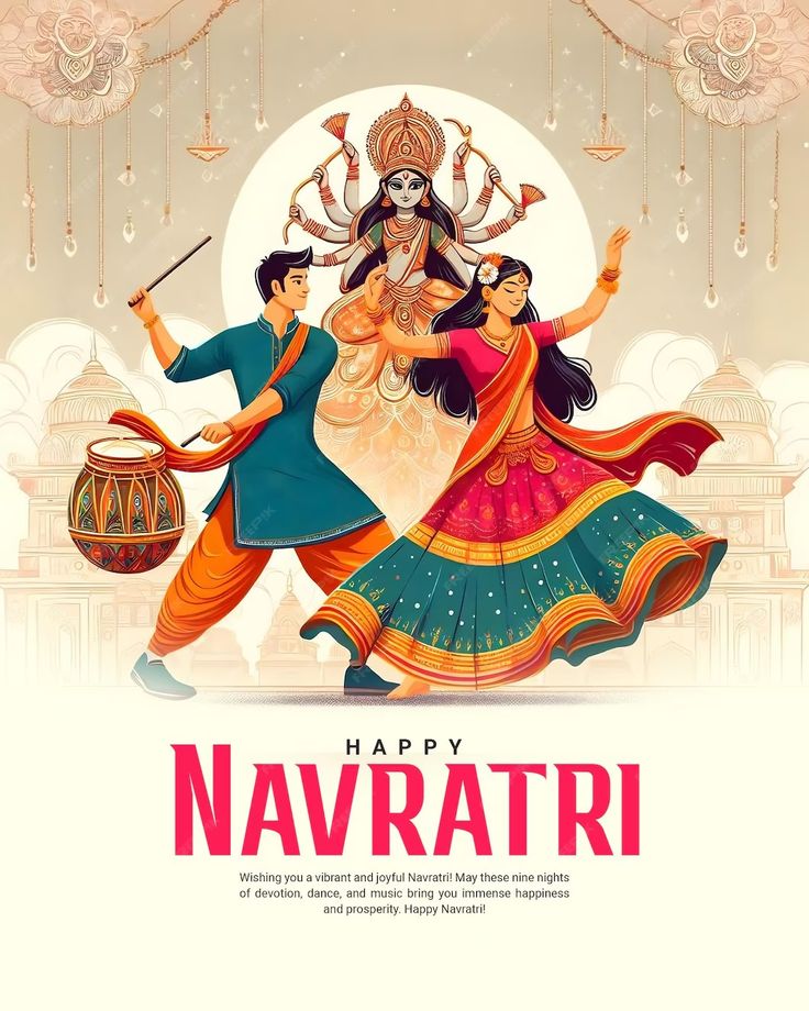 happy navratri with two women dancing