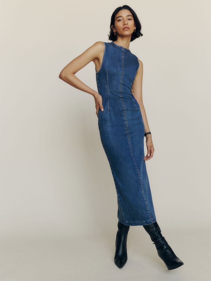 In case of getting dressed. Shop the Kendi Denim Midi Dress from Reformation, a sleeveless midi dress with a high neckline. Long Denim Dress, Denim Dress Outfit, Column Skirt, Denim Midi Dress, Stretch Denim Fabric, Midi Dress Sleeveless, Fall Dresses, Jeans Dress, Get Dressed