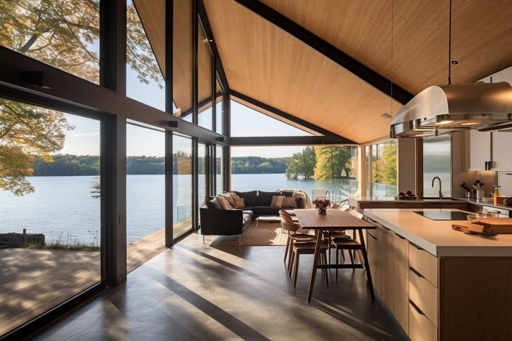 an open kitchen and living room area next to a lake with trees in the background