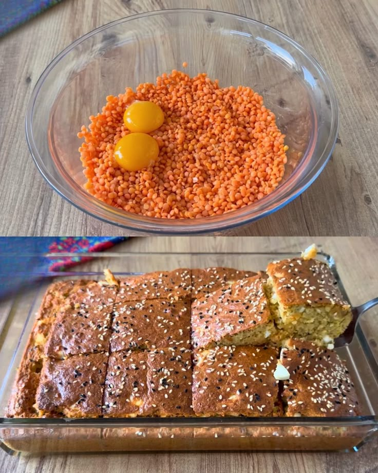 there are two different types of food in the bowl and one is on the table