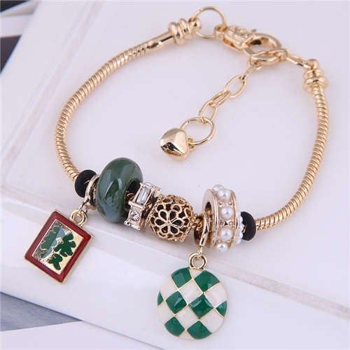 Embrace a unique blend of tradition and contemporary style with our Mahjong & Checkerboard Green Bead Bracelet. This exceptional piece is meticulously crafted from high-quality steel, environmental alloy, and adorned with shimmering rhinestones, offering a sustainable choice for the eco-conscious fashionista. The vibrant green beads are intricately placed to create a playful yet sophisticated checkerboard and Mahjong tile pattern, making this bracelet a striking statement piece. Measuring 17.5*1 Adjustable Alloy Crystal Bangle Bracelet, Adjustable Alloy Charm Bracelet, Adjustable Beaded Alloy Bracelets, Green Alloy Jewelry For Gift, Adjustable Alloy Beaded Bracelets, Bohemian Metal Charm Bracelet As Gift, Alloy Jubilee Bracelet As Gift, Alloy Bangle As A Gift, Gift Alloy Bangle