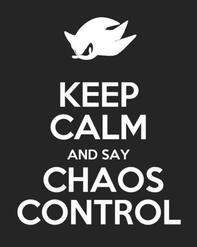 the words keep calm and say chaos control are in white on a black background with an image of a cat's head