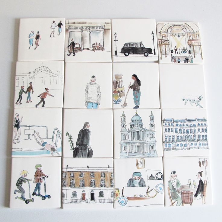 several drawings are arranged in squares on a white surface with people walking and riding bikes