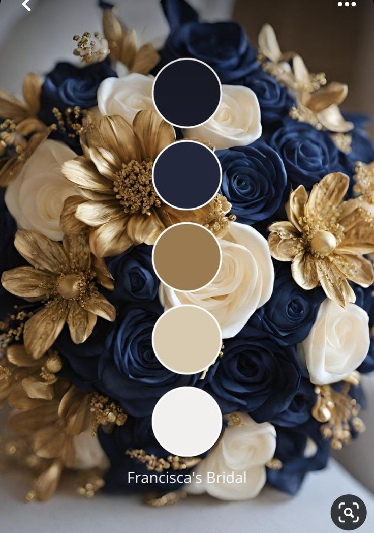 a bridal bouquet with blue roses and gold leaves is shown on the phone screen