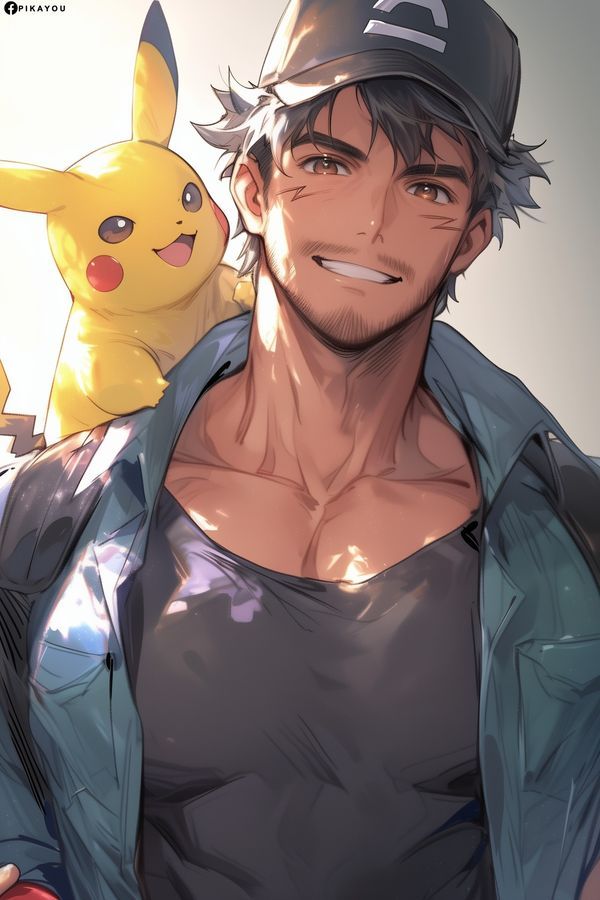 a man holding a pikachu on his shoulder