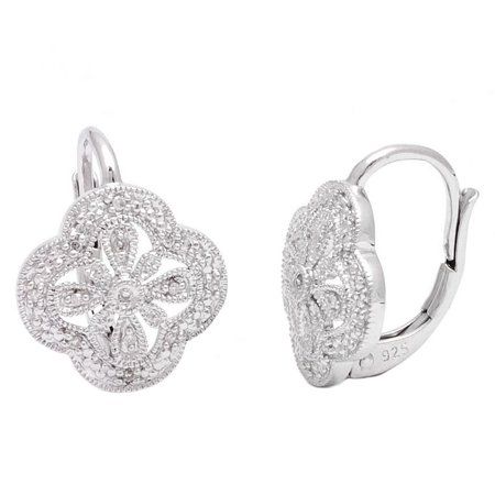 Sterling Silver Filigree Single Pave Diamond Earrings (Silver Diamond Earrings) Size: 13.84mm H. Gender: female. Age Group: adult. Classic Flower Earrings, Elegant Flower Earrings With Lever Back For Anniversary, Elegant Round Flower Earrings Pierced, Elegant Round Flower Pierced Earrings, Formal Hallmarked Silver Cluster Earrings, Elegant Silver Diamond Earrings With Ear Wire, Classic White Gold Flower Earrings For Pierced Ears, Silver Round Bridal Earrings With Ear Wire, Classic Round Flower Earrings For Formal Occasions