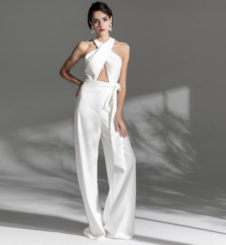 White Long  cross halter neck Deep v Sexy Party cocktail wedding jumpsuit - Morgana Wedding Trouser Suits, Wedding Jumpsuits, Festive Dress, All White Party, Wedding Jumpsuit, Neck Deep, Cocktail Wedding, Wedding Cocktails, Slim Fit Dresses