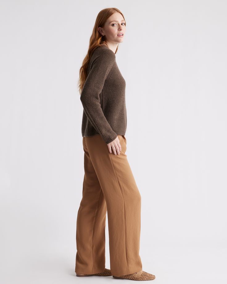 The classic fisherman knit sweater - now in 100% Grade A Mongolian cashmere. A classic style in a lightweight, super-soft knit.  | Quince | Women's Mongolian Cashmere Fisherman Crewneck knit Sweater in Brown, Size Medium Casual Brown V-neck Sweater For Work, Classic Knit V-neck Sweater For Fall, Textured Knit Turtleneck Sweater For Work, Textured Turtleneck Sweater For Work, Classic Fine Knit Cashmere Top, Classic Cashmere Fine Knit Top, Cashmere Crew Neck Knit Top For Work, Cashmere Textured Knit Cardigan For Work, Cashmere Textured Knit Workwear Cardigan