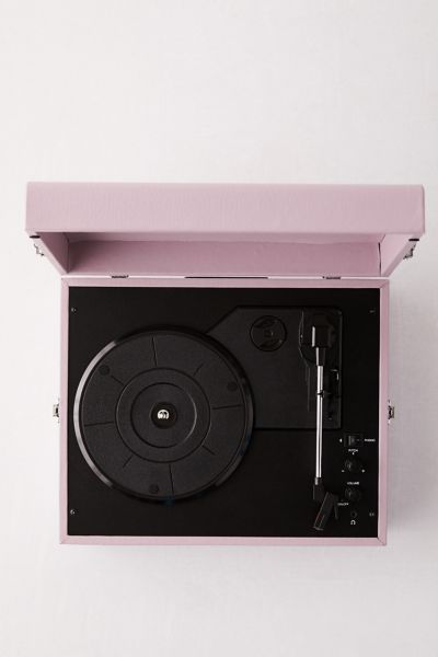 an open pink record player box on a white background with space for text or image