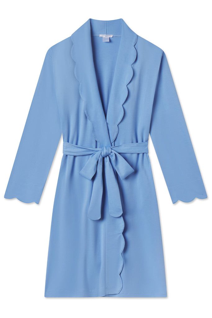 Pima Scallop Robe in Baltic Blue Elegant Light Blue Sleepwear For Loungewear, Blue Long Sleeve Robe For Spring, Long Sleeve Blue Robe For Spring, Blue Robe For Spring Daywear, Chic Blue Sleepwear For Loungewear, Blue Spring Robe For Loungewear, Elegant Long Sleeve Blue Robe, Sweater Lounge Set, Lake Pajamas