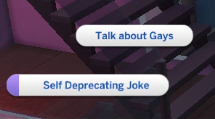 an animated video game with text that reads talk about gays self deprecting joke