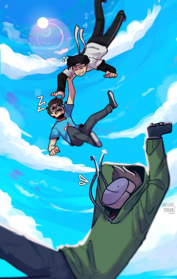 three people are flying through the air with their feet in the air and one person is holding