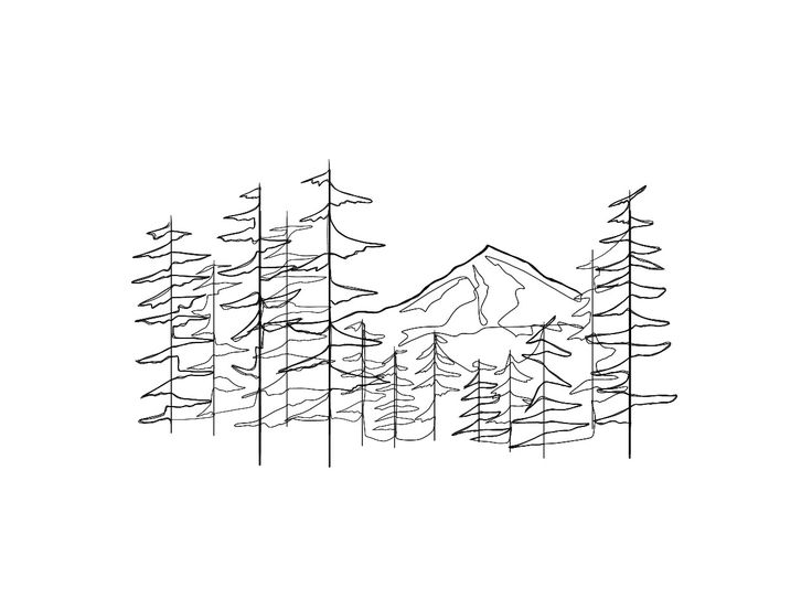 a black and white line drawing of trees with mountains in the backgroung