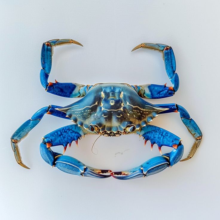 a blue crab with two claws on it's back, sitting in front of a white background