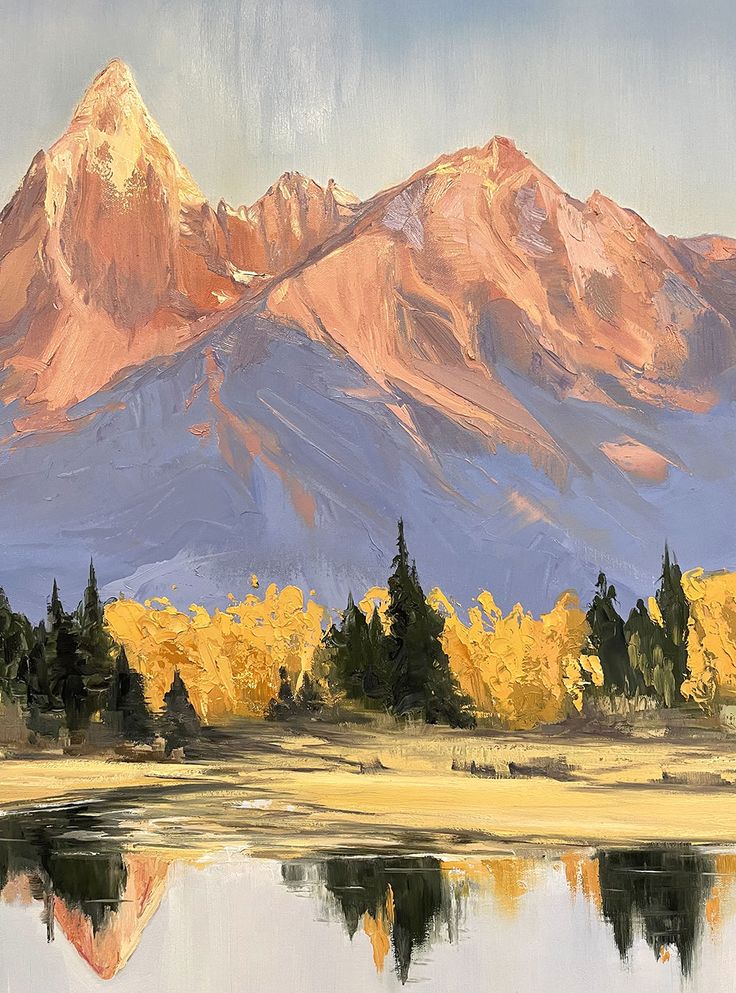 a painting of a mountain range with trees in the foreground