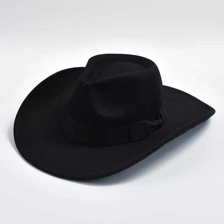 Bow Ribbon Curved Brim Cowboy Fedora Hat - SHExFAB Casual Top Hat With Curved Brim, Casual Solid Top Hat With Curved Brim, Casual Winter Top Hat With Wide Brim, Black Western Sun Hat With Curved Brim, Black Summer Hat Bands For Ranch, Trendy Curved Brim Felt Hat For Rodeo, Trendy Felt Hat With Curved Brim For Rodeo, Black Curved Brim Top Hat For Rodeo, Black Western Sun Hat With Flat Brim